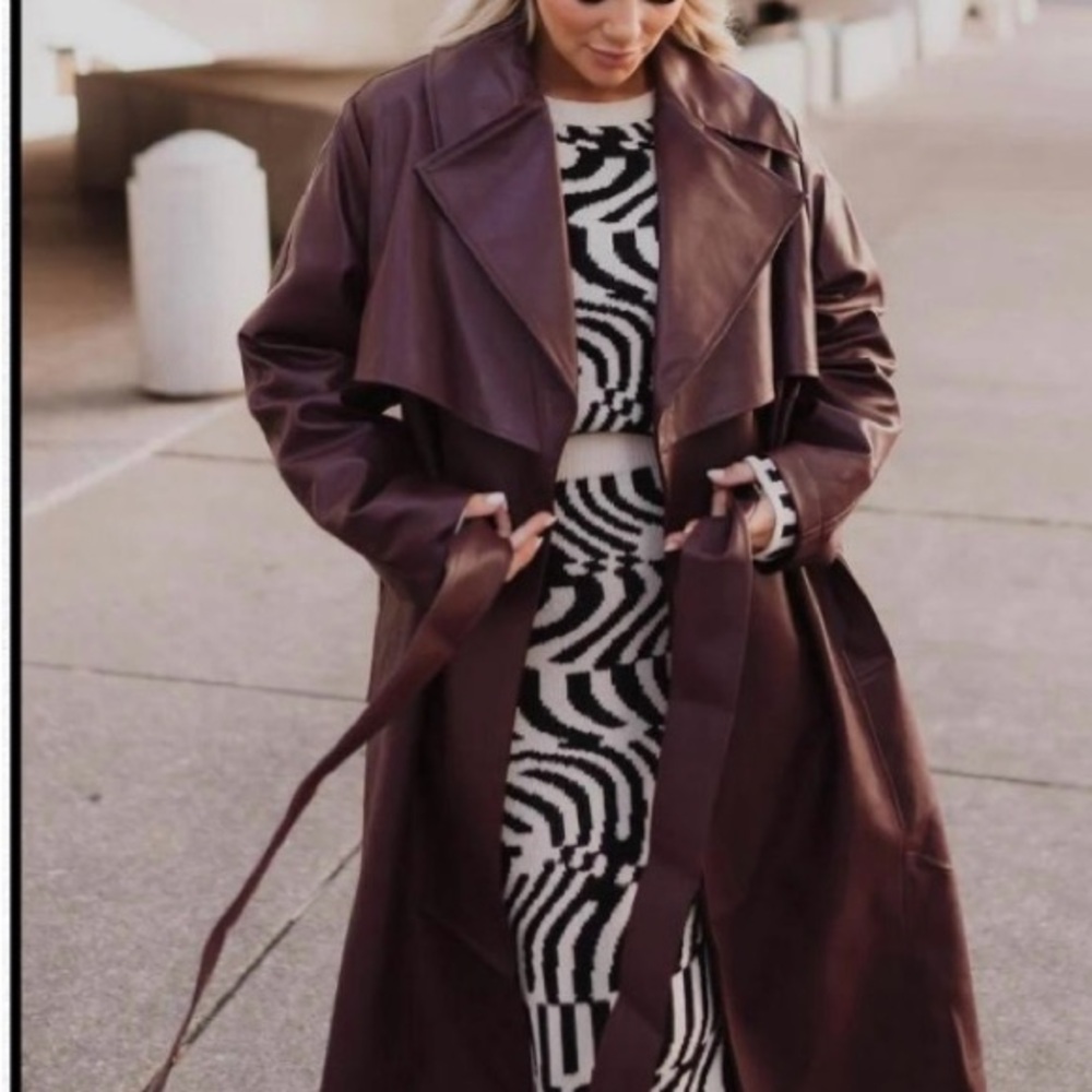Joan Belted Faux Leather Burgundy Trench Coat